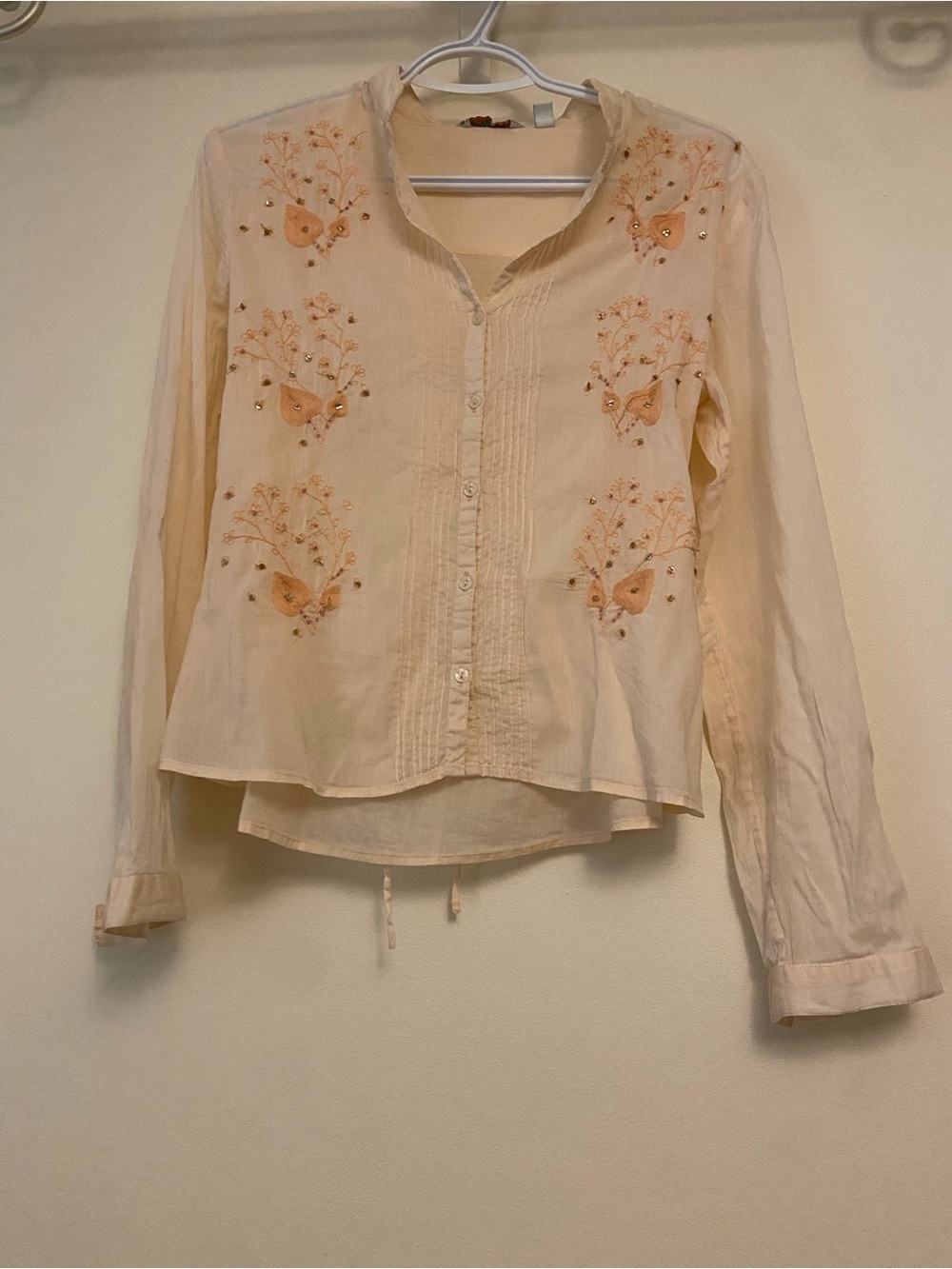 Mango Cream Button-Down Shirt with Peach Floral Embroidery